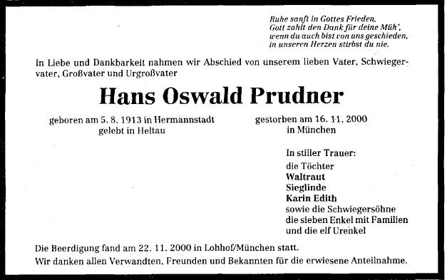 Prudner Hans Oswald 1913-2000 Todesanzeige